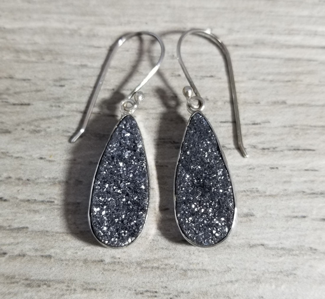 black quartz druzy and sterling silver drop earrings