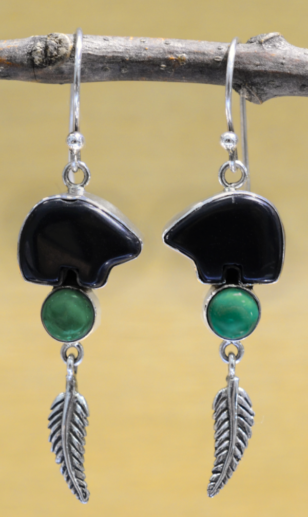 handmade black onyx and turquoise dangle earrings with feather accent