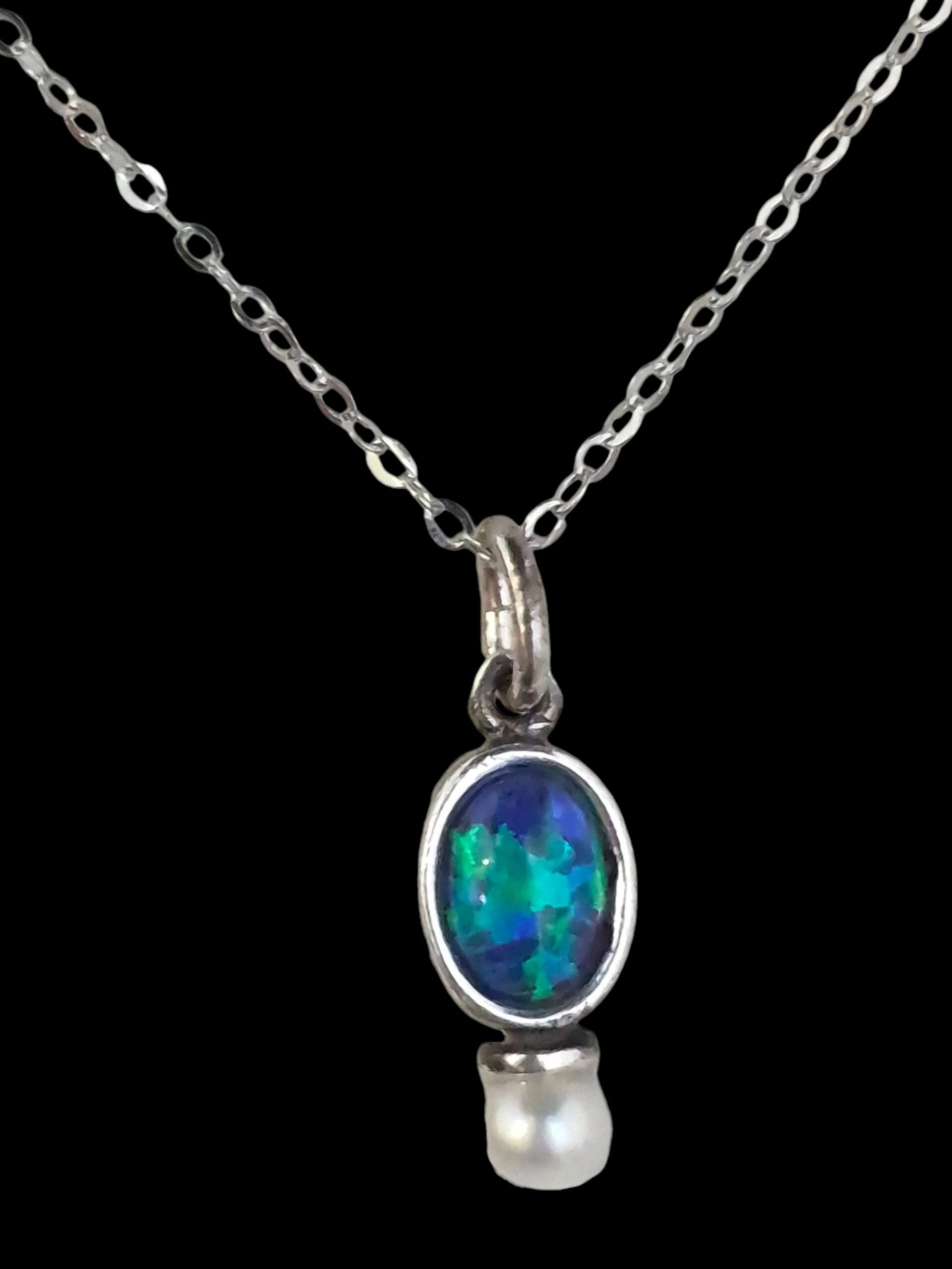 dainty created black opal and pearl necklace
