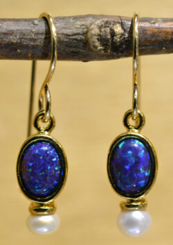 Sierra Designs black opal, freshwater pearl, and 14k gold vermeil earrings