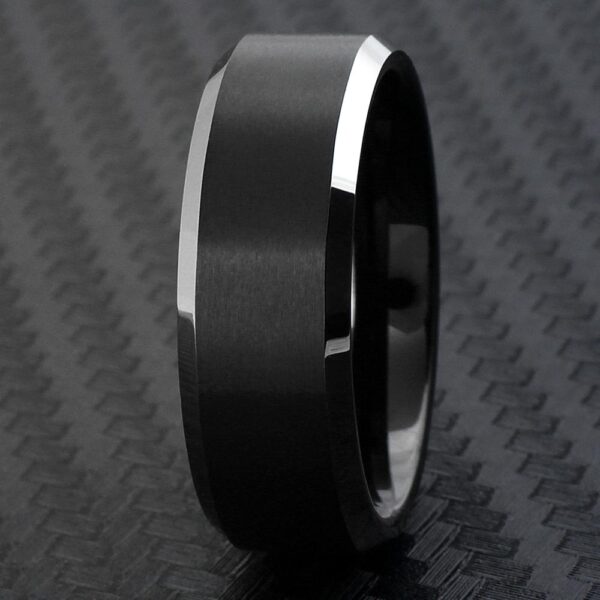 bushed black satin finish Tungsten ring with shiny white metal edges