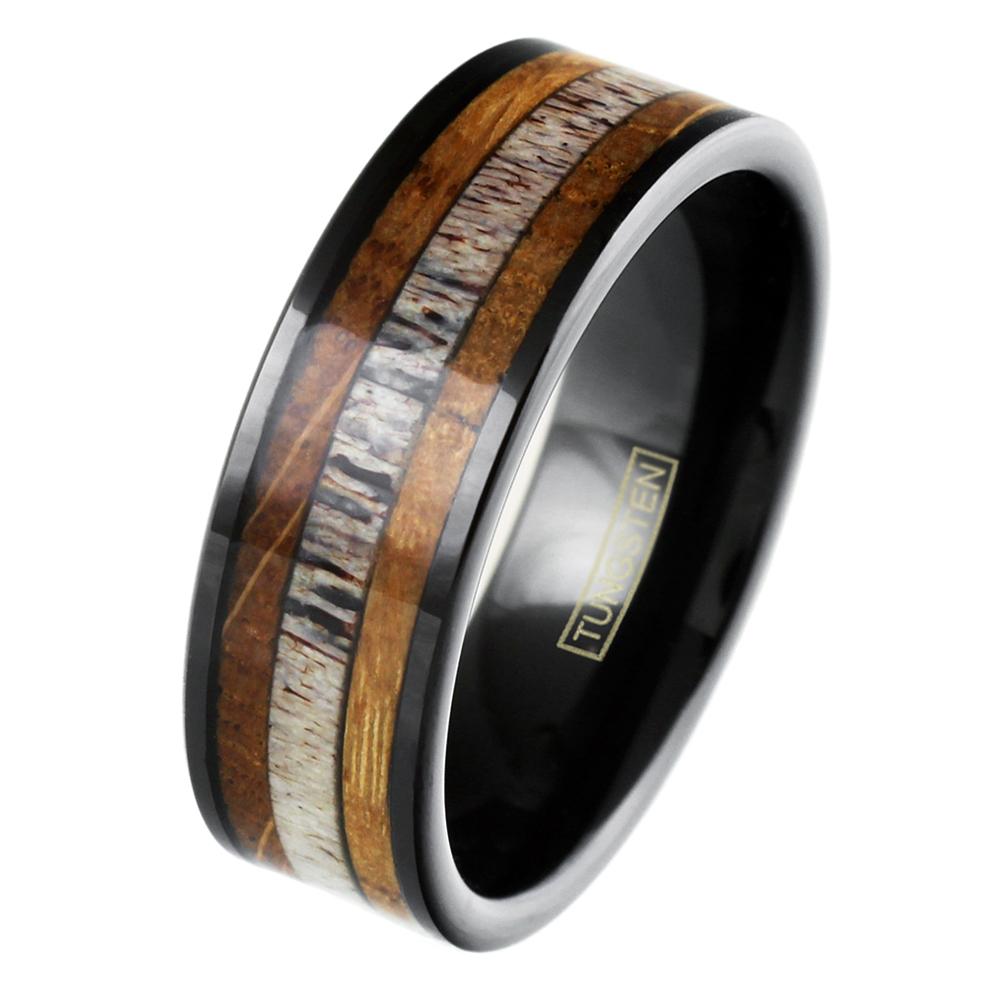 8mm Black Tungsten Whiskey Barrel Wood Inlaid Wedding Band Ring Jewelry TW 
