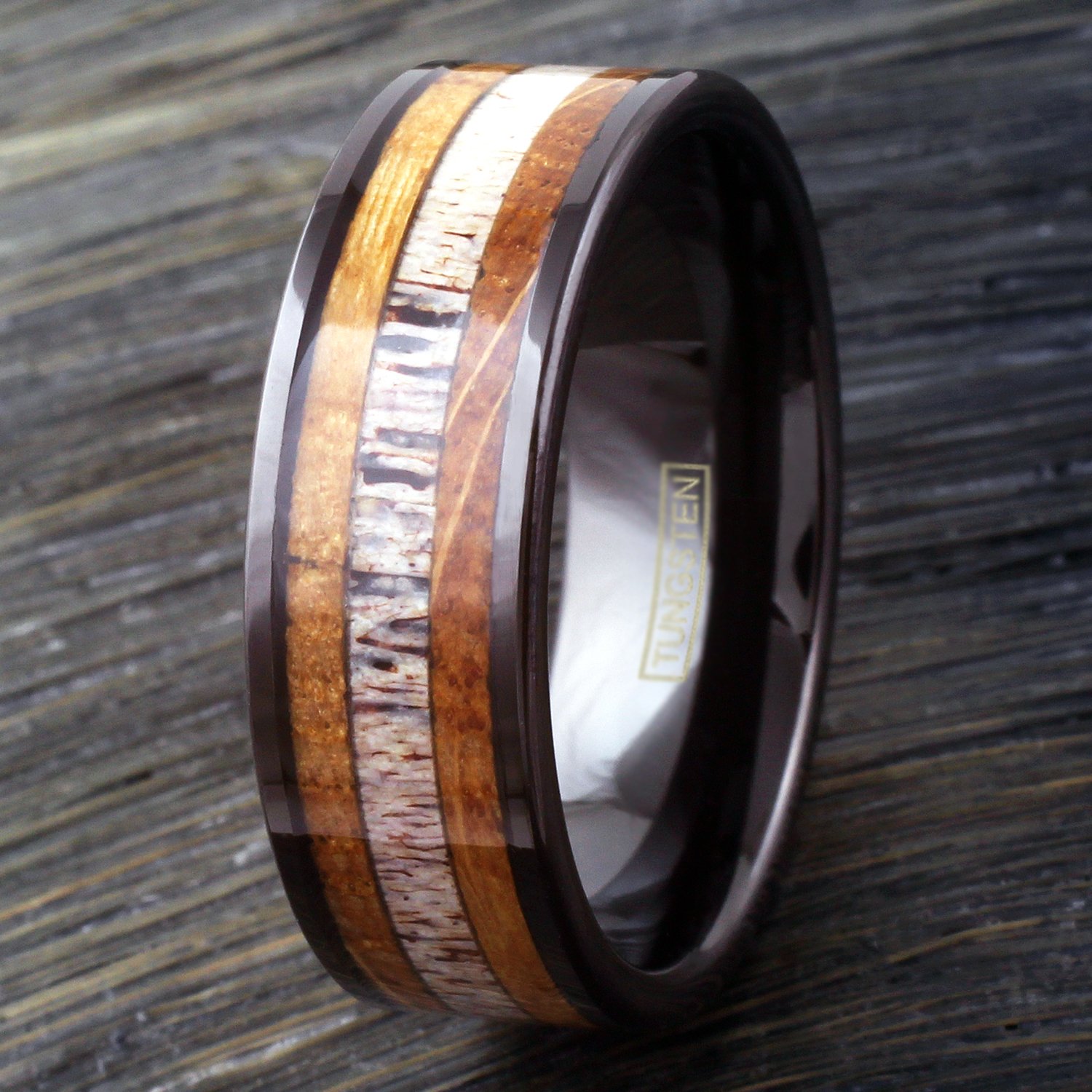 Black tungsten ring with deer antler and whiskey barrel oak wood inlay