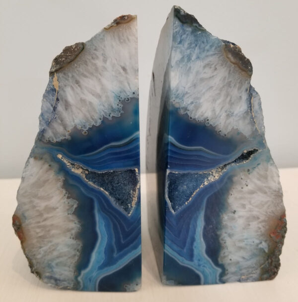 side view of blue agate bookends