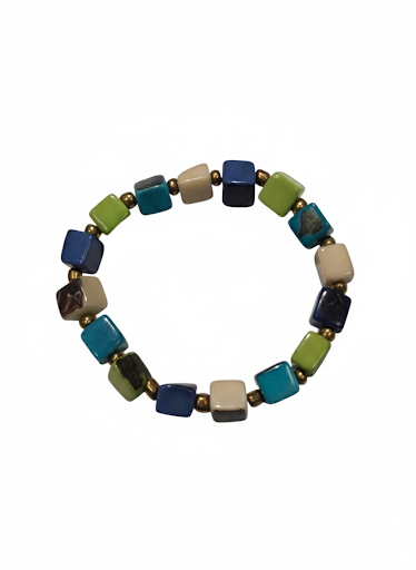blue and green cube bracelet made from tagua nut beads