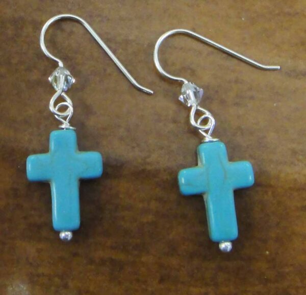 blue cross, Swarovski crystal beads, and sterling silver earrings handmade in Iowa City