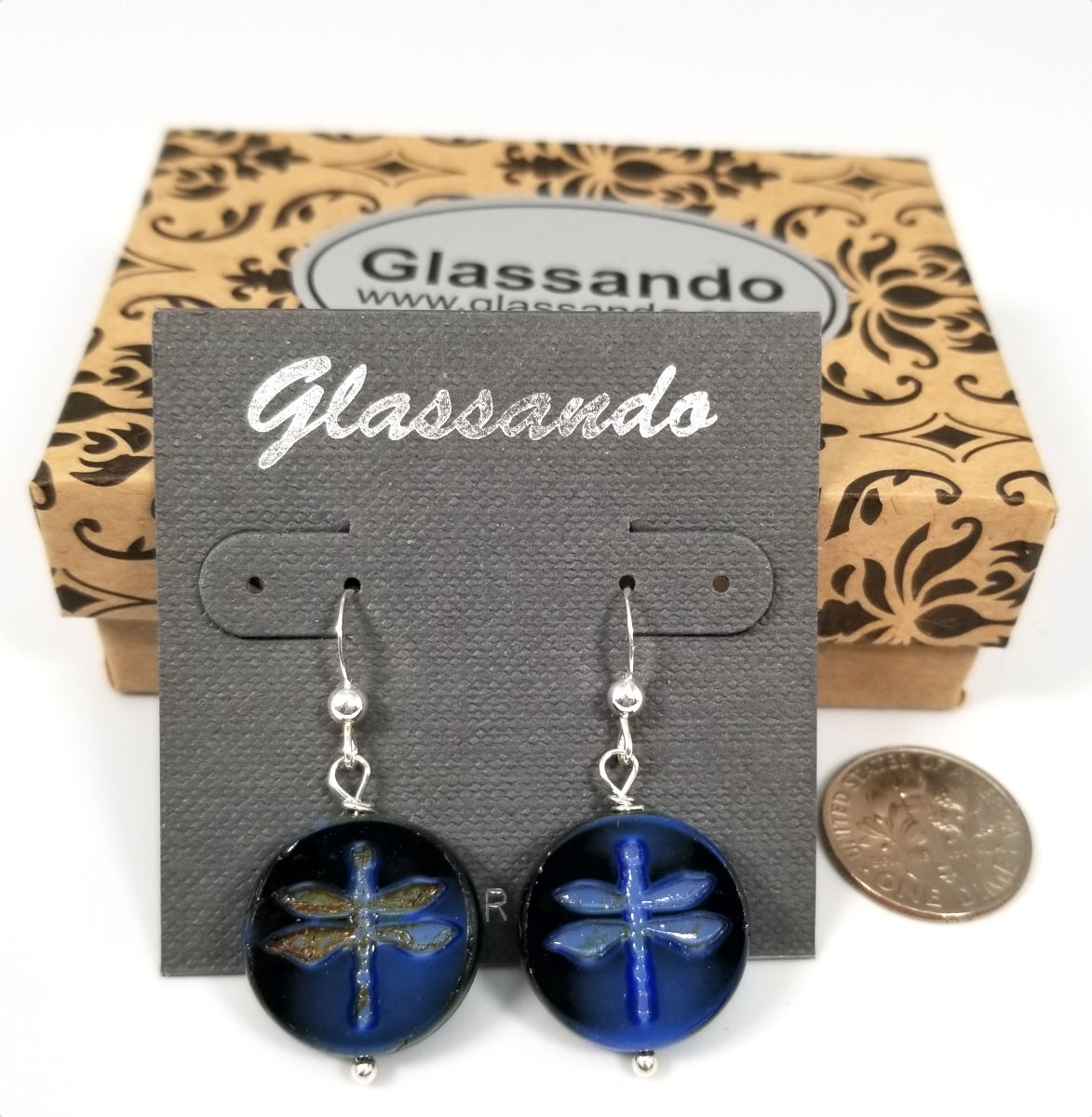 Czech glass dark blue dragonfly earrings