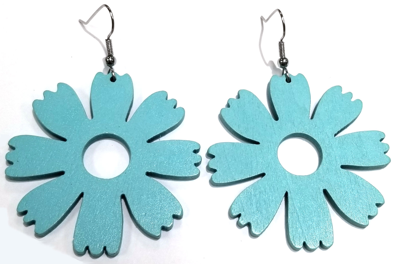 light blue large wooden flower earrings
