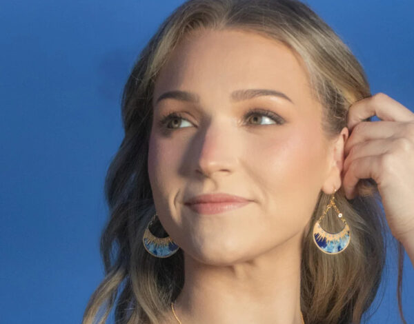 blue moon earrings on model