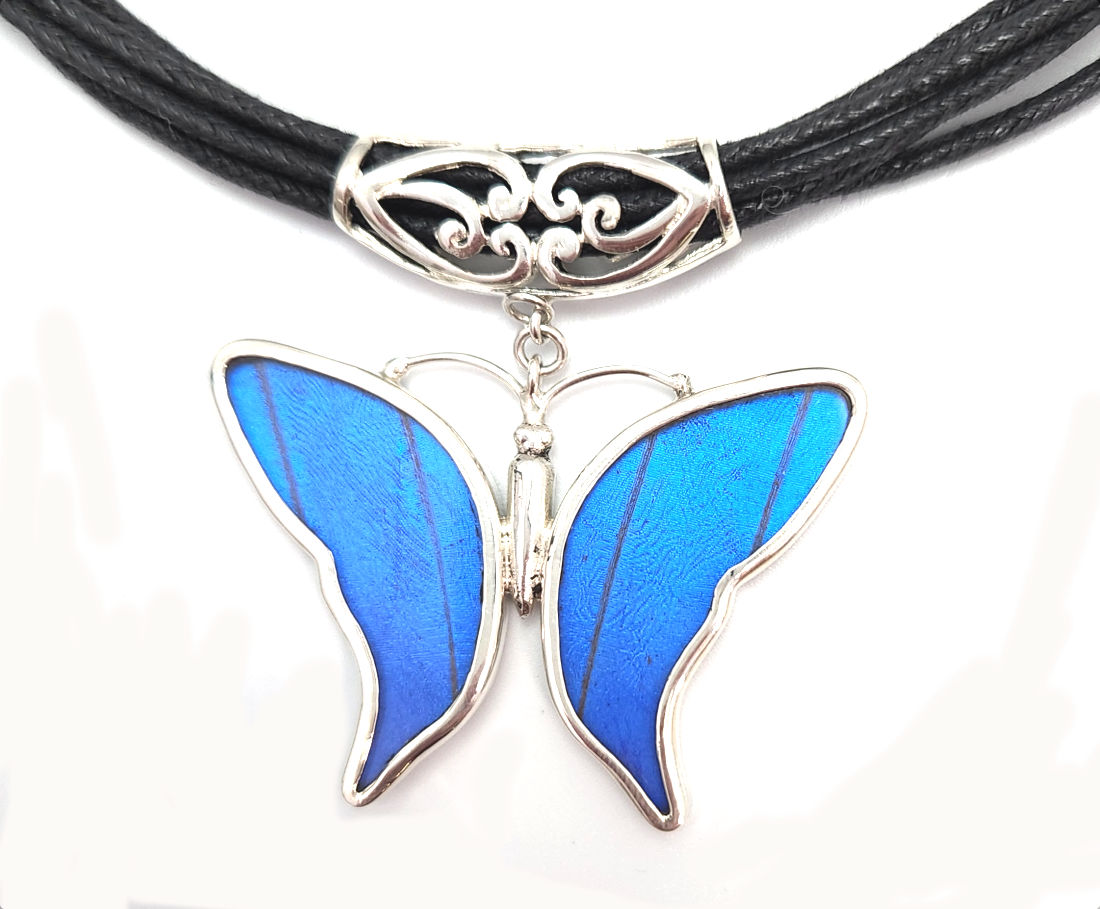 Blue Morpho Butterfly Necklace featuring real butterfly wings under resin, NO BUTTERFLIES ARE HARMED