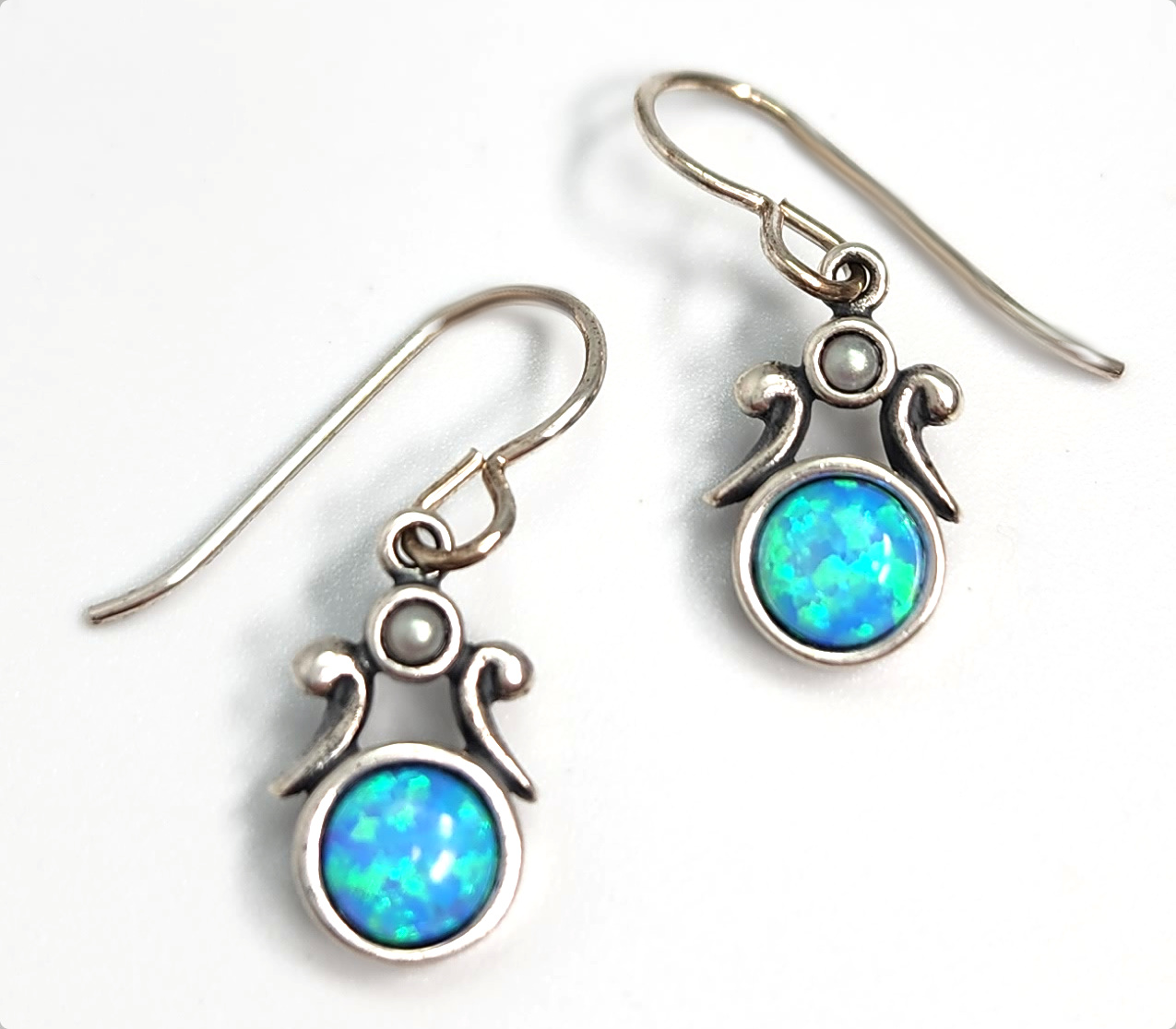 Created blue opal, gray pearl and sterling silver earrings