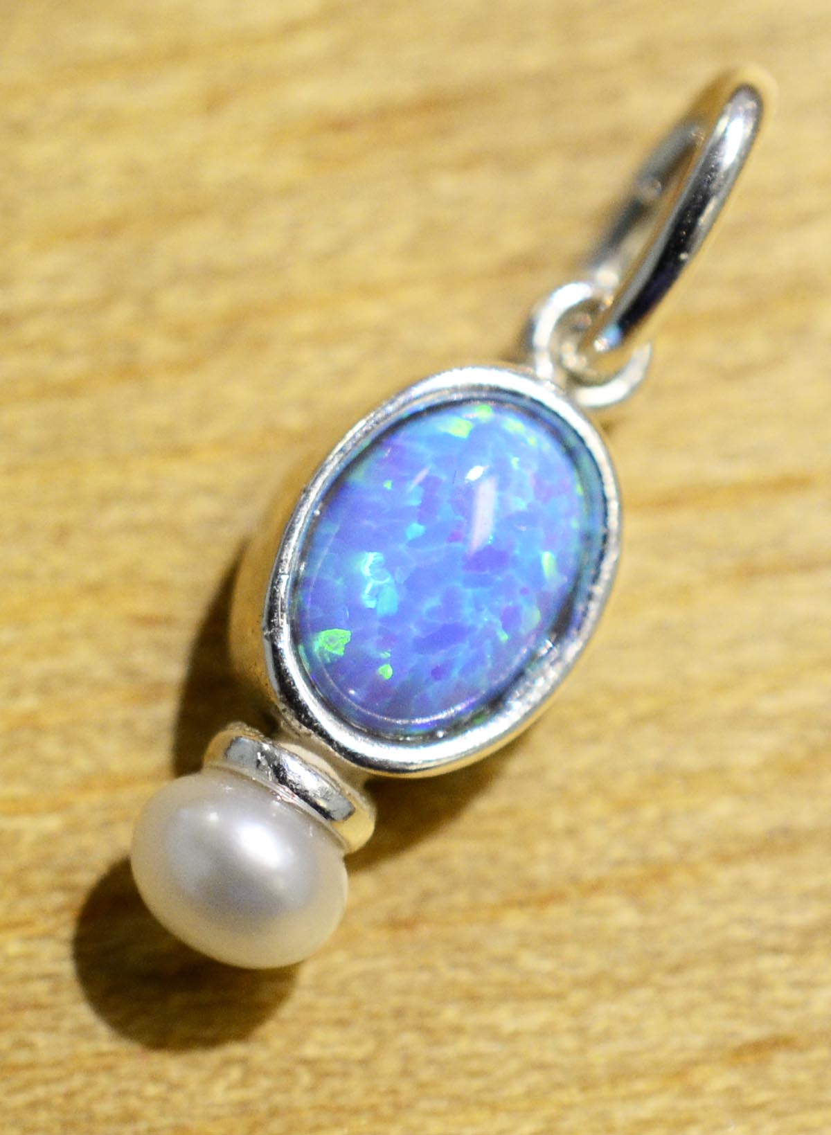 handmade created blue opal, pearl, and sterling silver delicate pendant