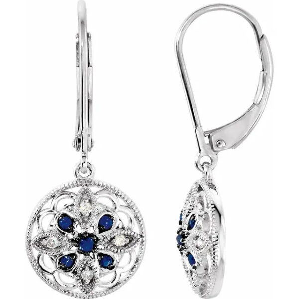 diamond and sapphire earrings with front and side view