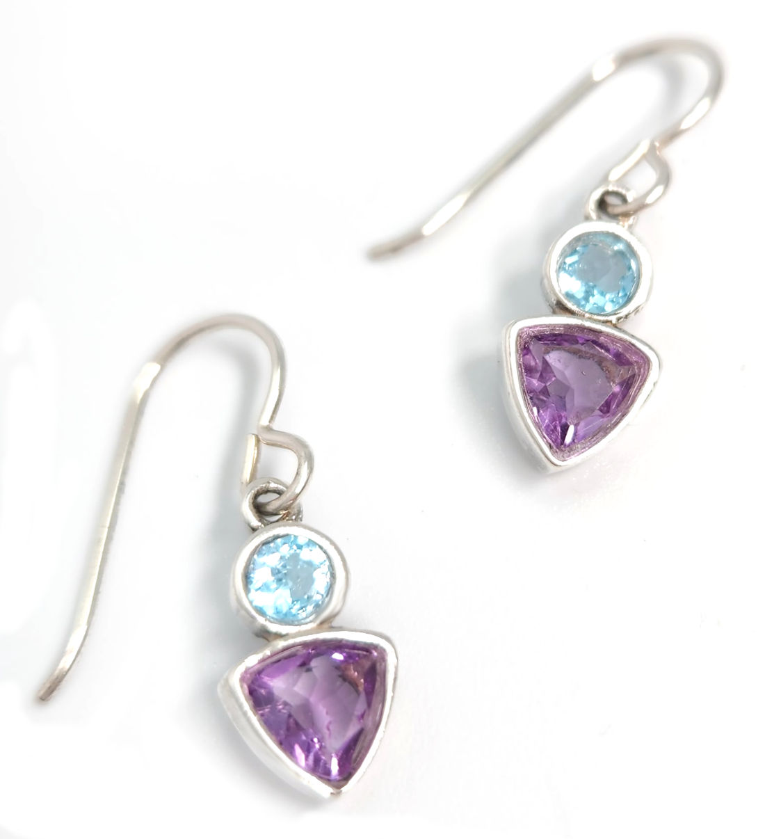 blue topaz, amethyst, and sterling silver earrings handmade by Sonoma Artworks