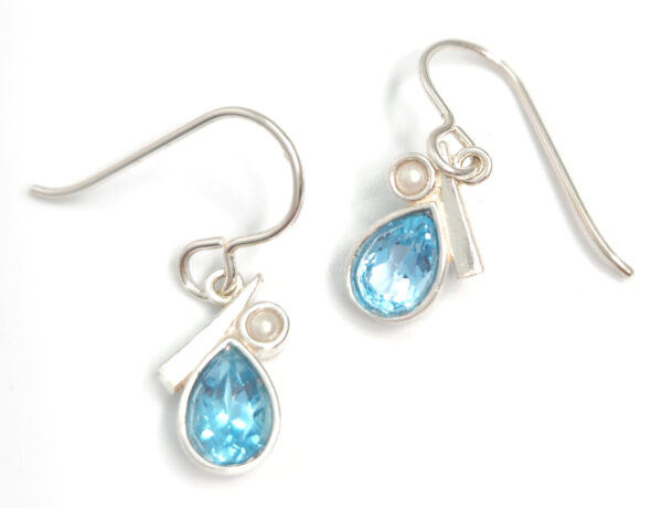 Blue topaz, pearl, and sterling silver earrings