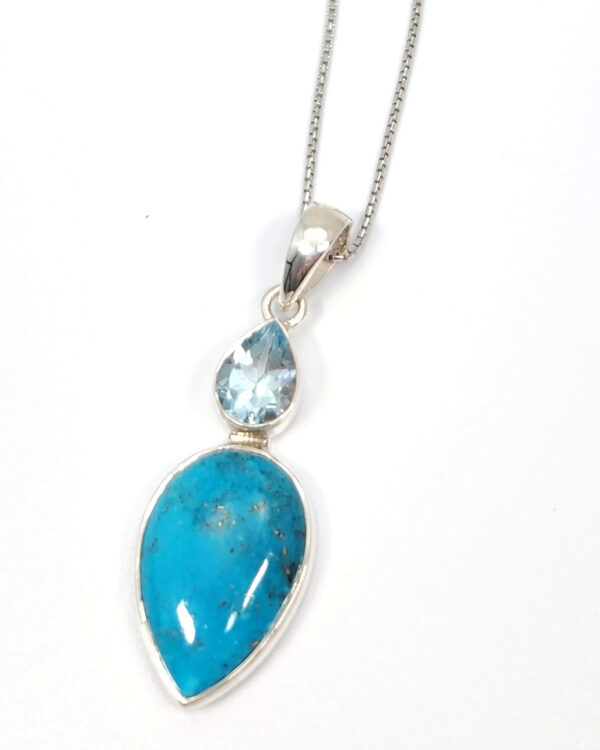 Blue topaz, turquoise, and sterling silver pendant on 18 inch chain