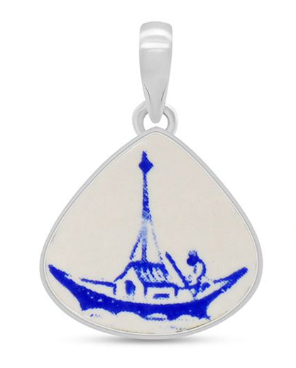 blue and white ceramic boat and sterling silver pendant