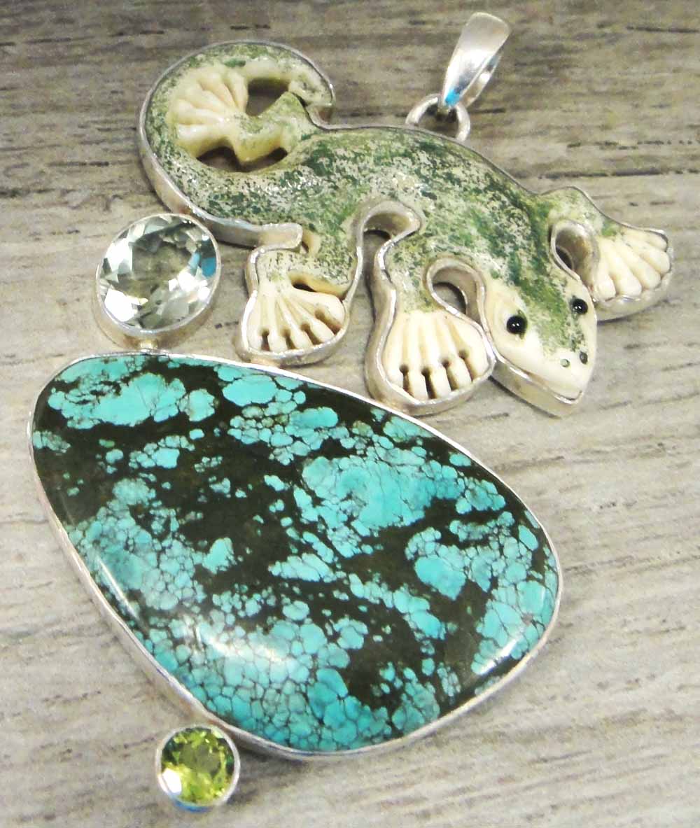 Handmade carved bone lizard, turquoise, green amethyst, and peridot pendant