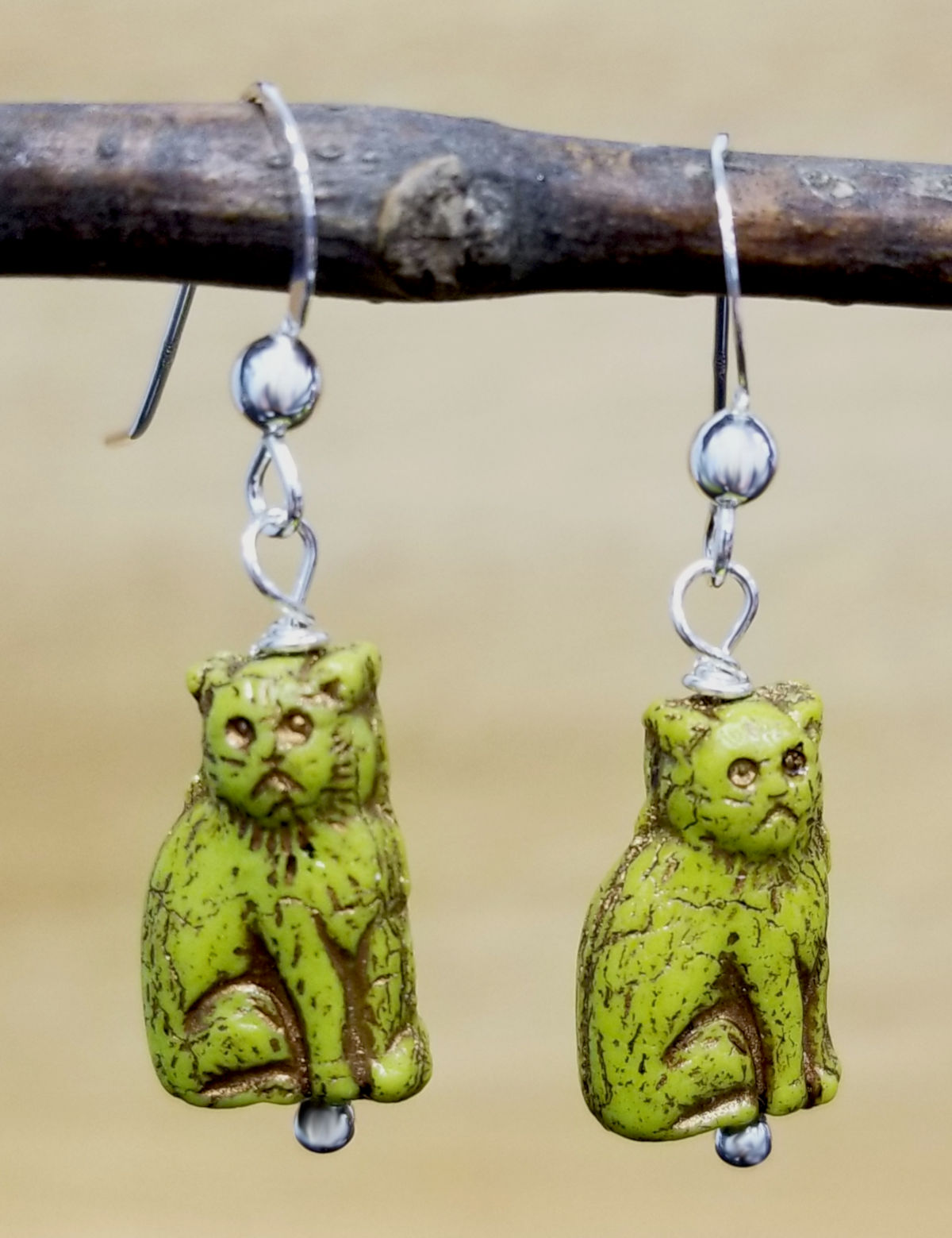 bright green Czech glass sitting cat earrings