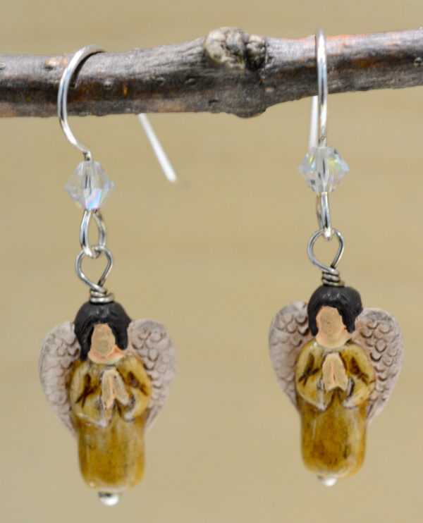 handmade brown ceramic angel dangle earrings