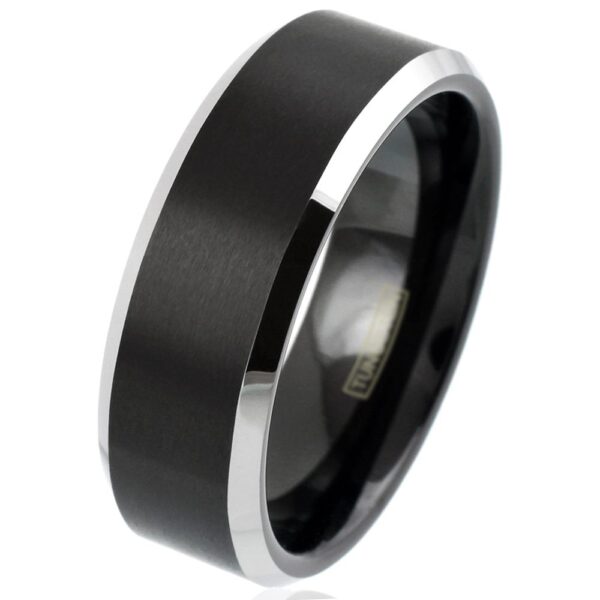 Black brushed finish tungsten ring with shinny white edges