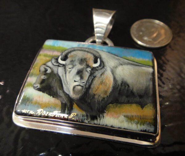 hand painted buffalo on black agate and sterling silver pendant with dime for size