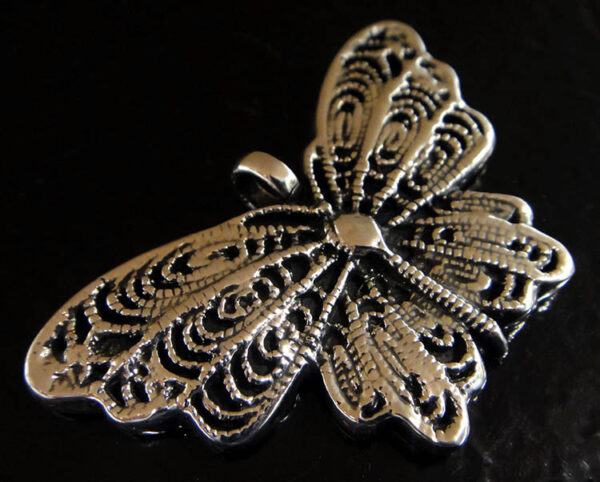 Handmade .925 sterling silver detailed butterfly pendant close up