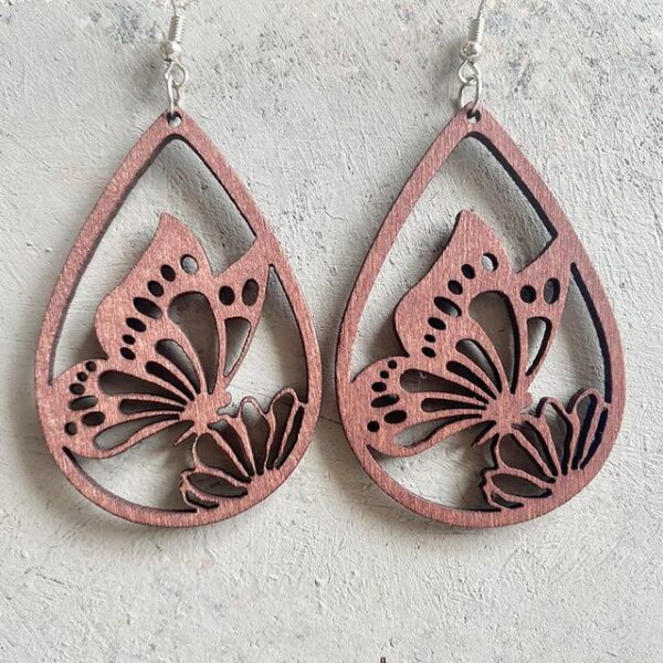 wooden butterfly on flower drop earrings