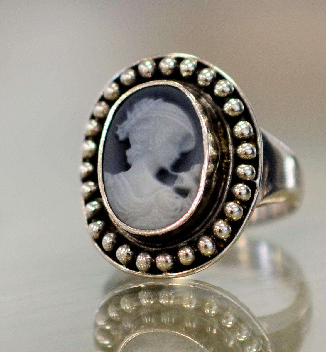 Blue and white agate cameo of woman sterling silver ring Jewelry by