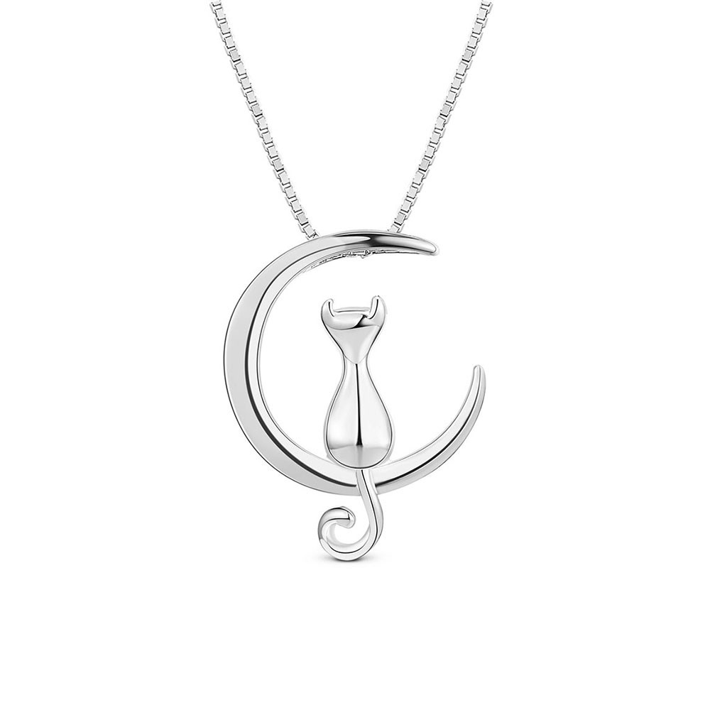 cat on moon sterling silver necklace