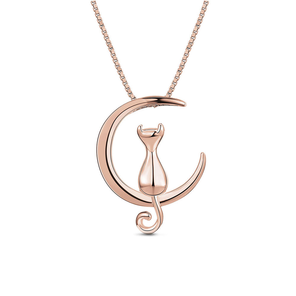 cat on the moon necklace in rose gold-plated sterling silver