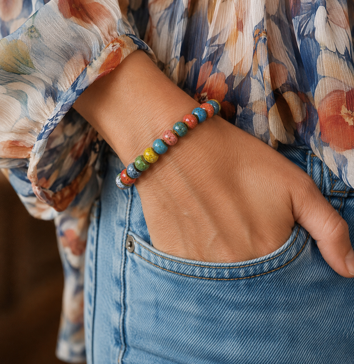 colorful ceramic bead bracelet on model