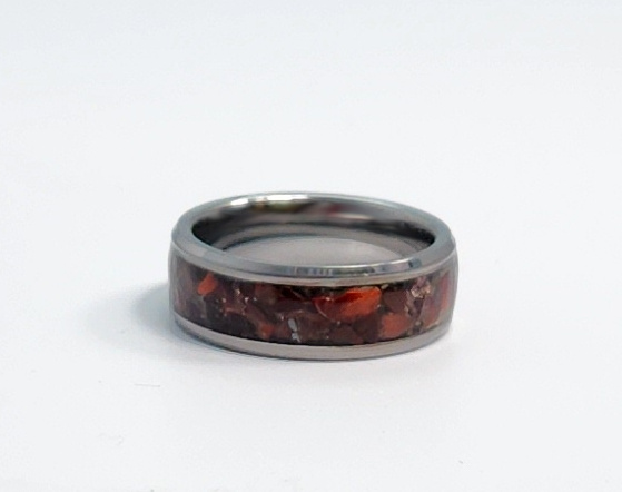 Cherry Tiger's eye crushed stone inlay in tungsten ring, size 10