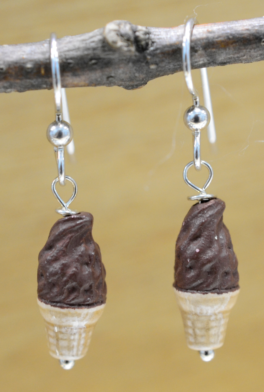 Handmade chocolate ice cream cone ceramic earrings