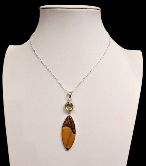 backside of citrine and mookaite jasper necklace on neck form