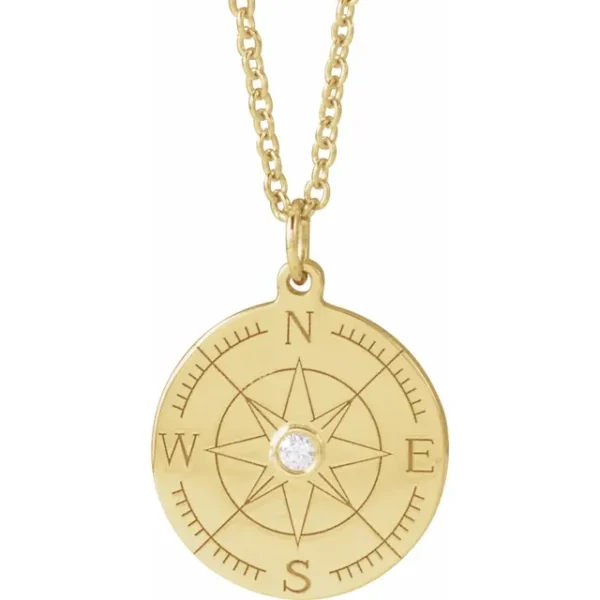 14K gold compass necklace with diamond center