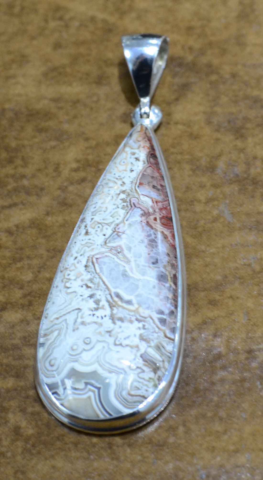 White And Red Crazy Lace Agate Sterling Silver Long Drop Pendant