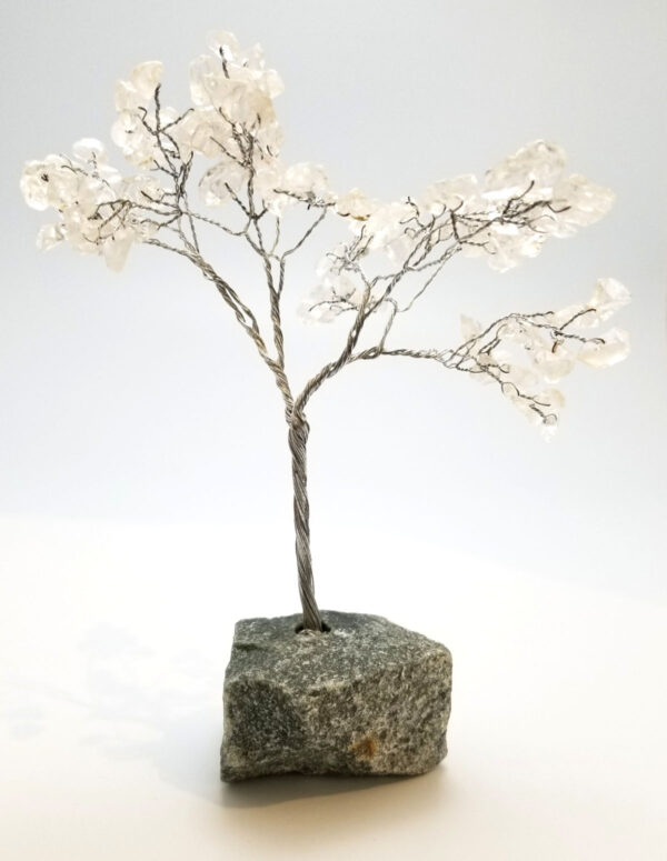 wire tree sculpture with clear quartz crystal leaves