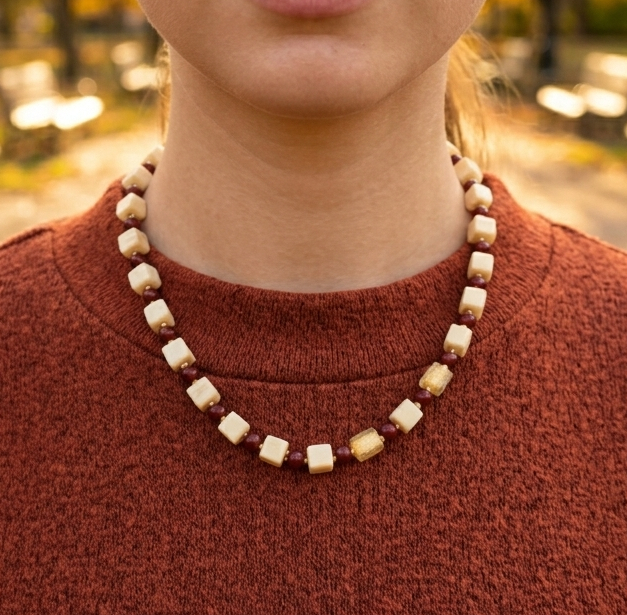 Murano glass cube necklace on model
