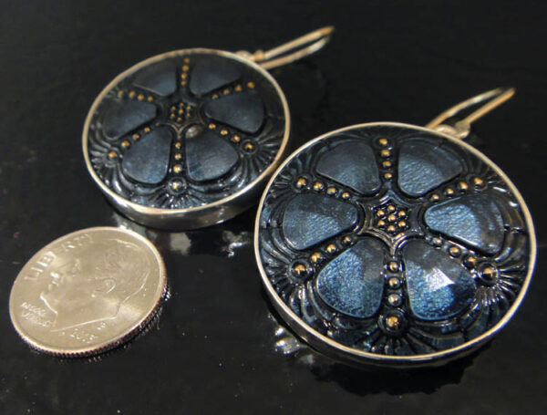 czech glass dark blue earrings with dime