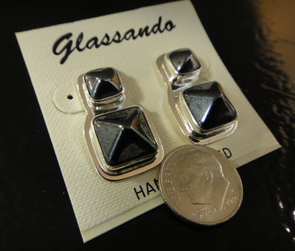 3D gray pyramids and sterling silver post earrings with dime for size