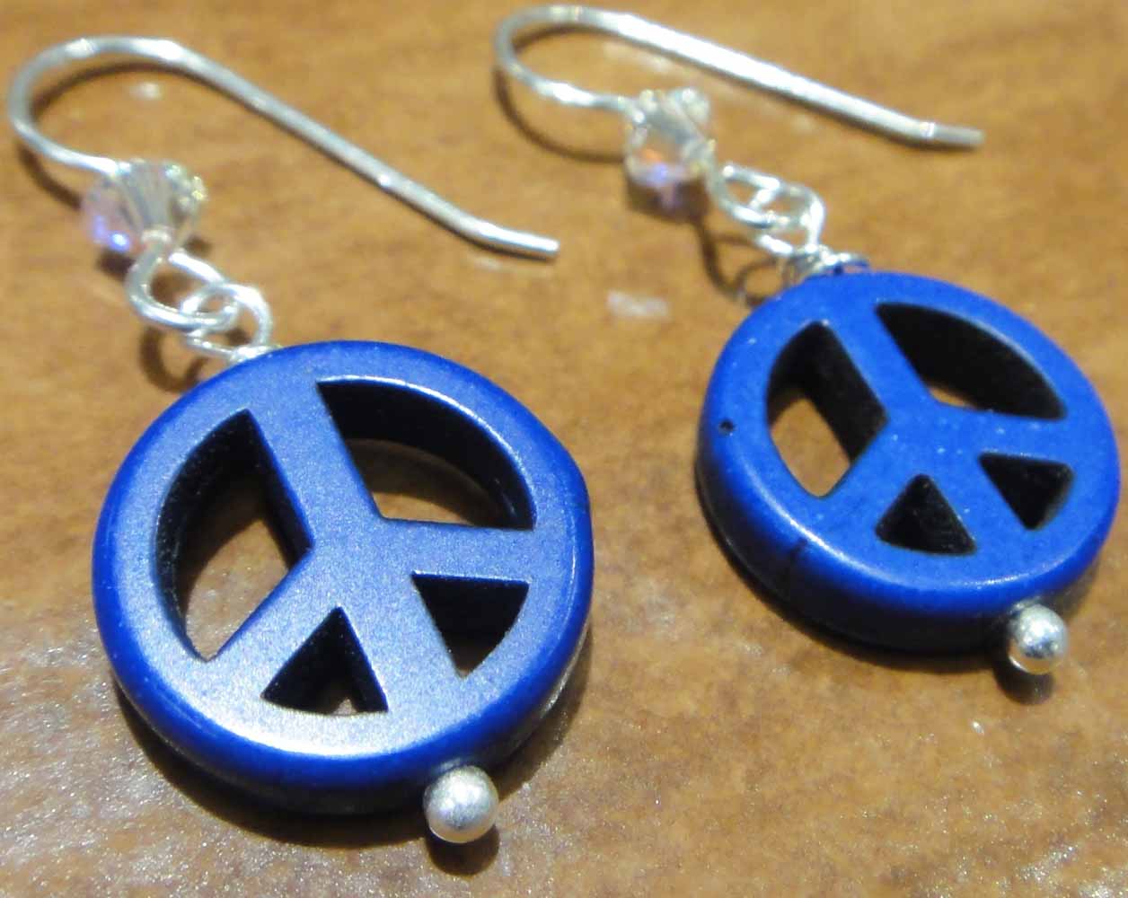 handmade dark blue peace sign, crystal, and sterling silver earrings