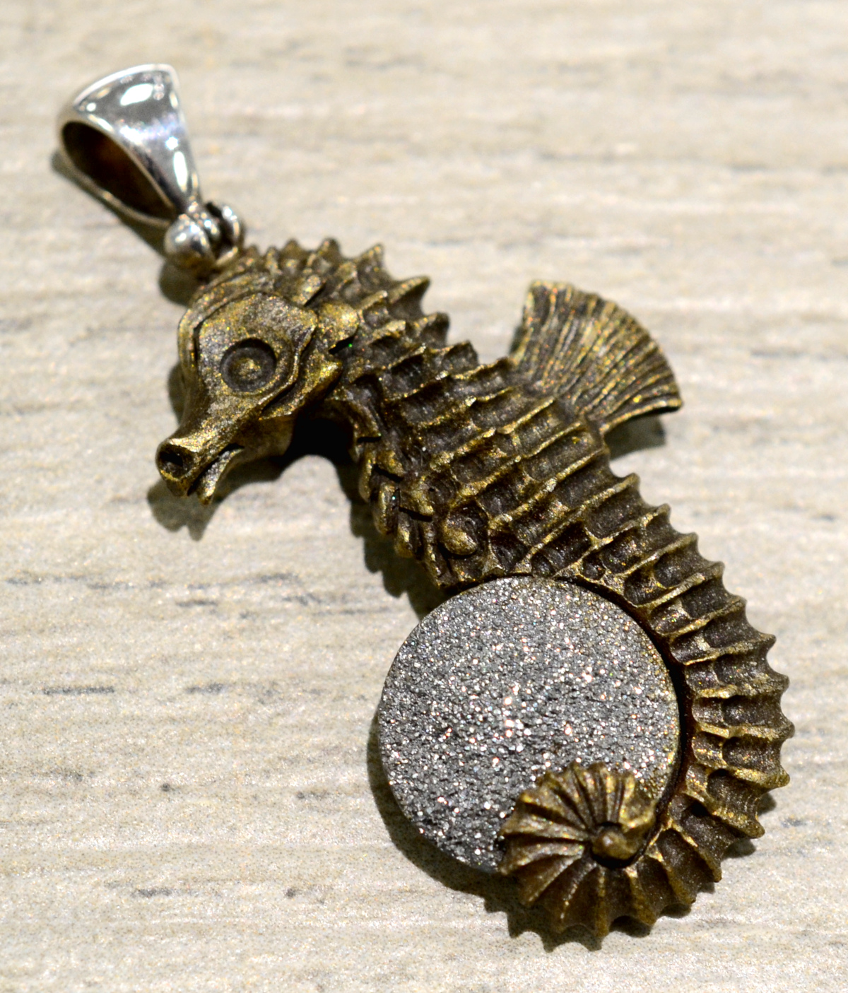 handmade dental ceramic carved seahorse and gray druzy pendant