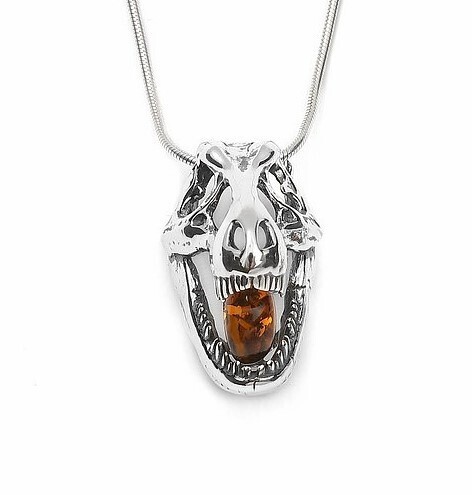 t-rex dinosaur necklace with amber