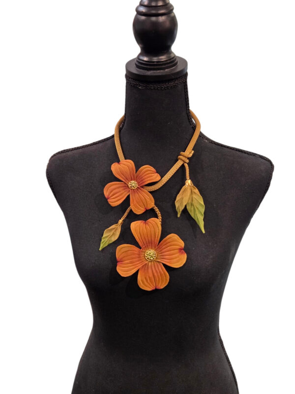 double dogwood flower necklace on dressform