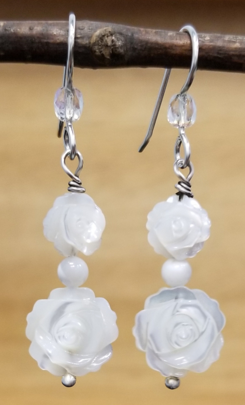 mother of pearl carved rose and sterling silver earrings