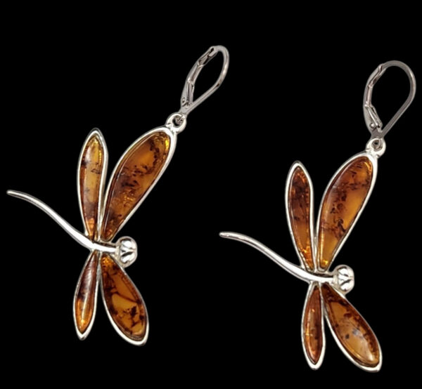 Baltic amber and sterling silver dragonfly earrings