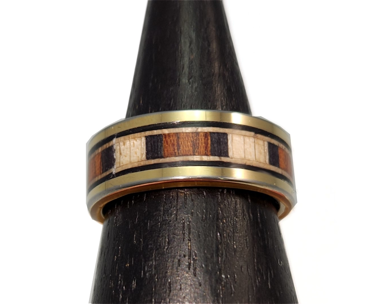 maple and mahogany wood and gold plated tungsten ring in size 9