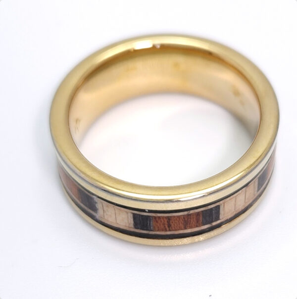 maple and mahogany wood and gold plated tungsten ring in size 9