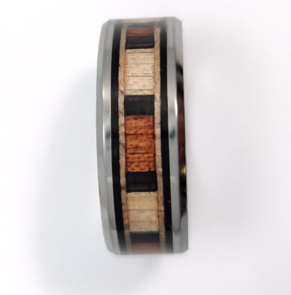 maple and mahogany wood inlay and tungsten ring in size 10